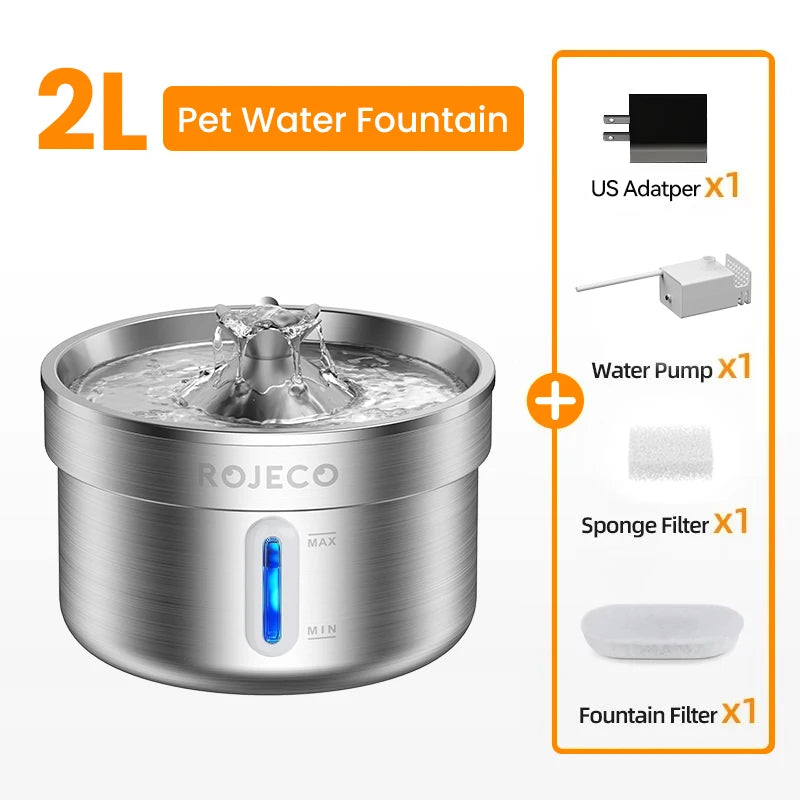 Fontaine à Eau pour Chat & Chien ROJECO — Acier Inox, Silencieuse, Filtre