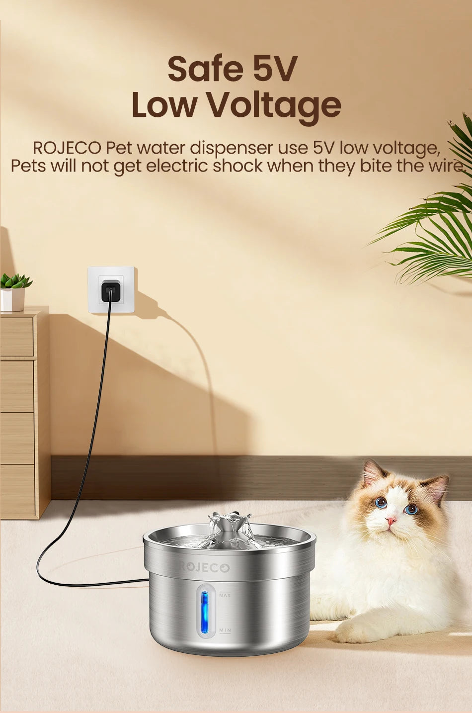 Fontaine à Eau pour Chat & Chien ROJECO — Acier Inox, Silencieuse, Filtre