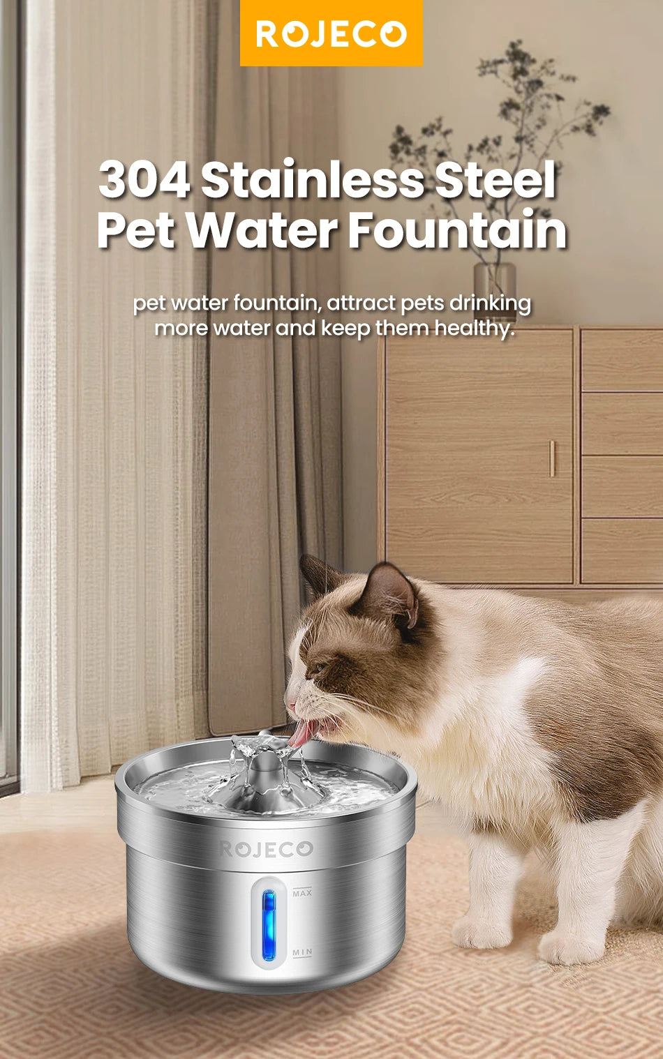Fontaine à Eau pour Chat & Chien ROJECO — Acier Inox, Silencieuse, Filtre