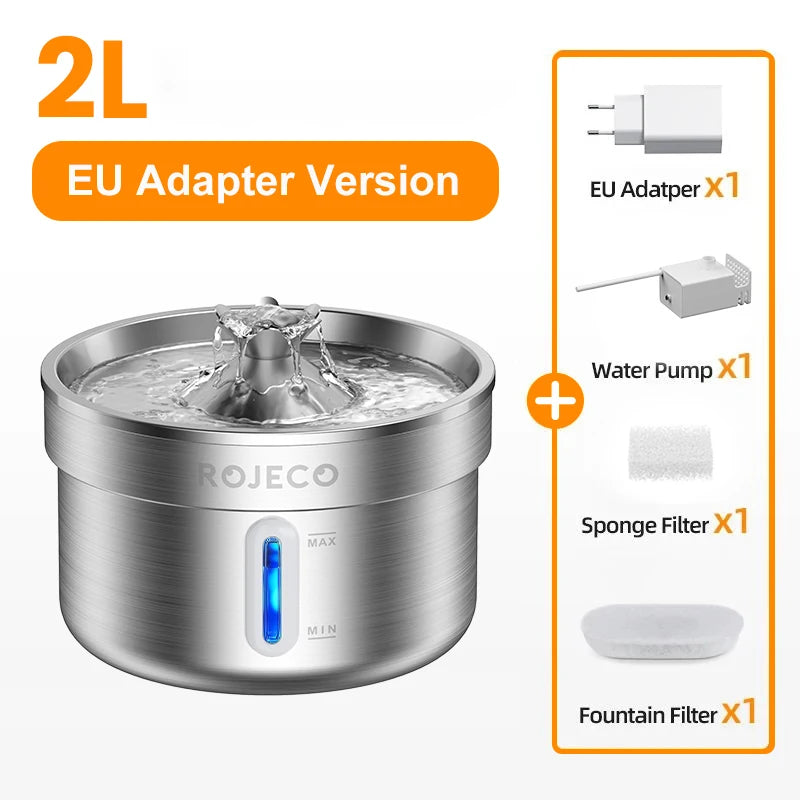 Fontaine à Eau pour Chat & Chien ROJECO — Acier Inox, Silencieuse, Filtre